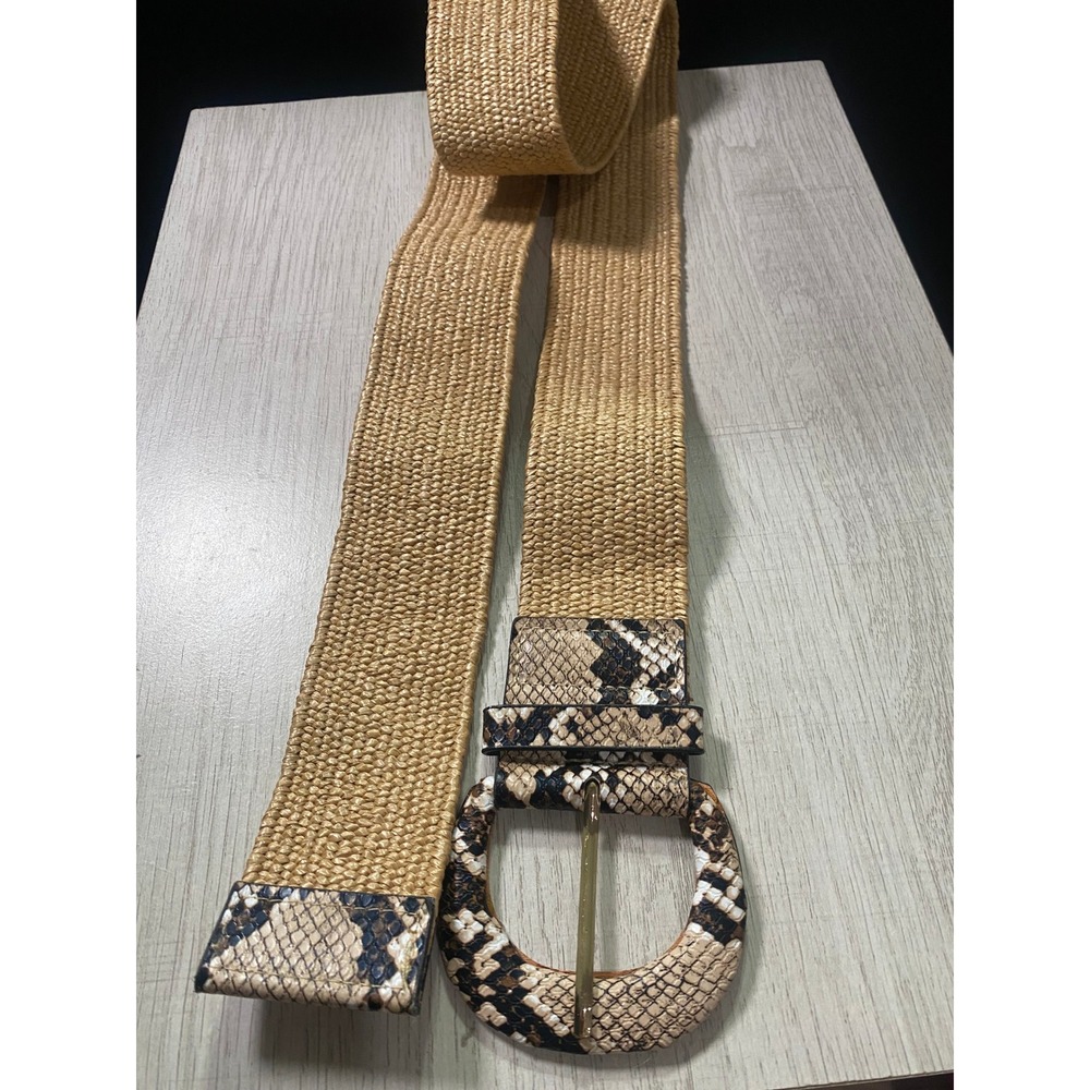 Womens Tan Woven Stretch Belt Snakeskin Buckle‎ Boho Waist Belt